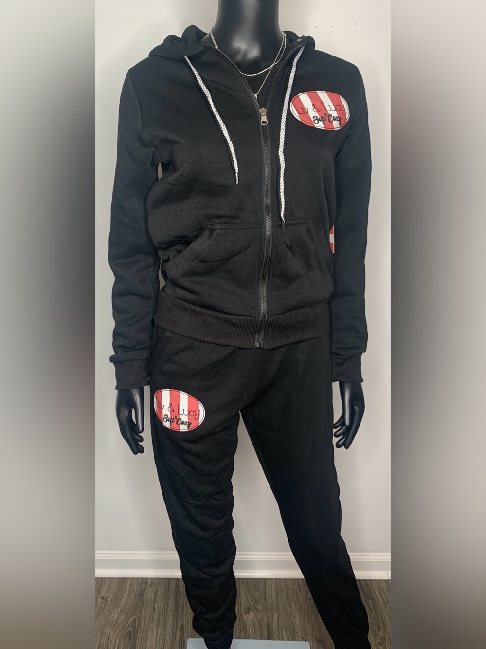 Liv & Lucy Black Zip Hoodie & Jogger Set with Red-White Stripe Patch